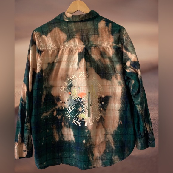 Custom Flannel Shirt XL Green Peach Desert Graphic Boho Festival - Picture 3 of 11